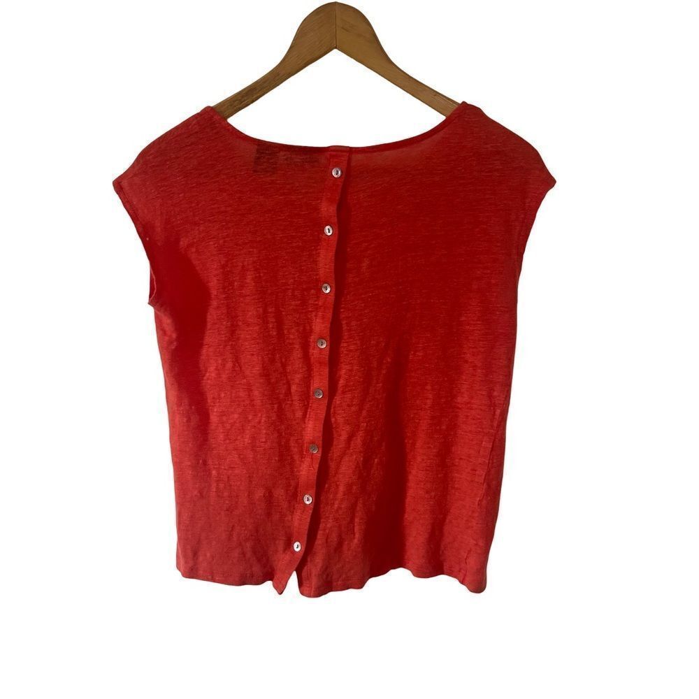 Tahari Orange 100% Linen Cap Sleeve Button Back T-shirt - Picture 2 of 7
